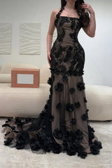 Elegant Black Illusion Floral Halter Mermaid Prom Dress With 3D Appliques Formal Evening Gown