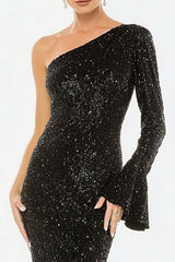 Elegant Black One Shoulder Mermaid Long Sequins Prom Dress With Sleeves