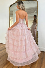 Elegant Blush Pink Sweethear Lace Up Tiered Tulle Prom Dress With Sparkle Formal Evening Gown