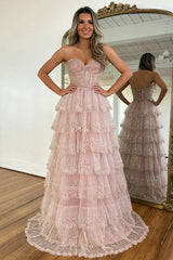 Elegant Blush Pink Sweethear Lace Up Tiered Tulle Prom Dress With Sparkle Formal Evening Gown