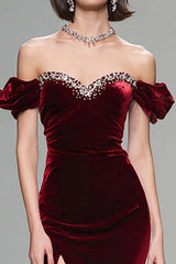 Elegant Burgundy Mermaid Long Velvet Holiday Party Dress With Beading