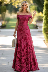 Elegant Burgundy Wedding Guest Dress Off The Shoulder Prom Dress With Lace