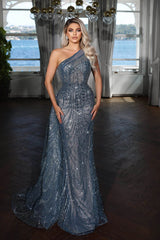 Elegant Dark Blue One Shoulder Mermaid Evening Dress with Sequin Applique