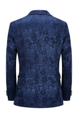 Elegant Dark Blue Peak Lapel Jacquard Men's Prom Suit
