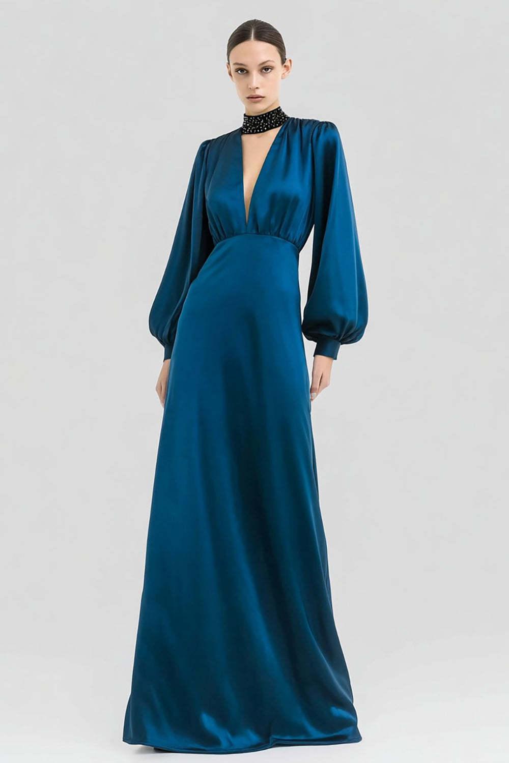 Elegant Dark Blue Satin Beaded Keyhole Long Prom Dress With Sleeves