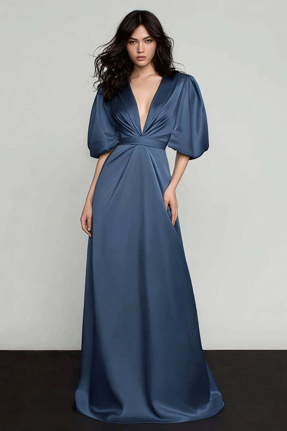 Elegant Dark Blue Satin Deep V-Neck A-Line Long Prom Dress With Sleeves