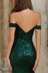 Elegant Dark Green Mermaid Off The Shoulder Long Sequin Prom Dress
