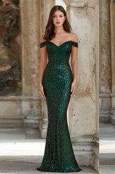 Elegant Dark Green Mermaid Off The Shoulder Long Sequin Prom Dress