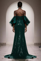 Elegant Dark Green Mermaid Strapless Sequin Long Prom Dress With Sleeves