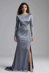 Elegant Dusty Blue Beaded Mermaid Long Satin Evening Dress With Slit