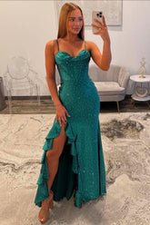 Elegant Emerald Green Spaghetti Straps Prom Dress With High Slit Formal Evening Gown