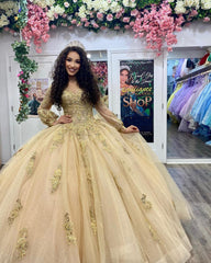 Elegant & Glamorous Ball Gown Off Shoulder Long Sleeves Lace Appliques Beaded Tulle Quinceanera Dress Formal Evening Party Princess Gown For Sweet 16