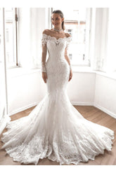 Elegant Lace Long Sleeve Off-Shoulder Bridal Gowns