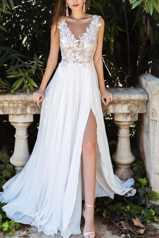 Elegant Lace/Tulle Beach Wedding Dresses With Split Front