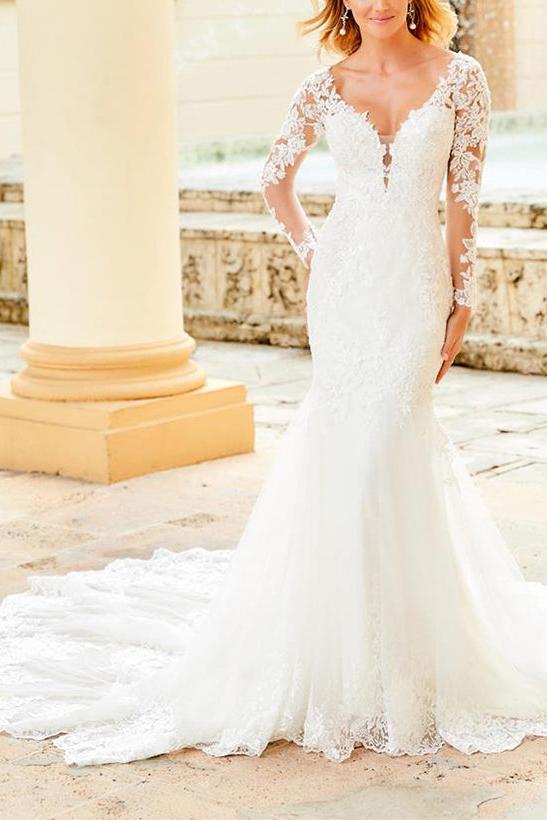 Elegant Lace/Tulle Wedding Dresses with Long Sleeves and V-Neck