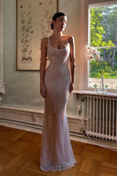 Elegant Light Champagne Sequin Bodycon Spaghetti Strap Prom Gown Formal Evening Gown