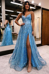 Elegant Long A Line Spaghetti Straps Lace Sleeveless Prom Dress With Slit