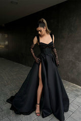 Elegant Long Black Lace Sleeveless Prom Dress Long Slit