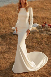Elegant Mermaid Beach Wedding Dress Bateau Neckline Long Sleeves Bridal Gown