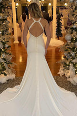 Elegant Mermaid Halter White Long Beach Wedding Dress with Button Details