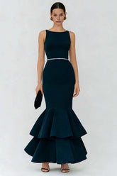 Elegant Navy Boat Neck Long Mermaid Prom Dress With Ruffles