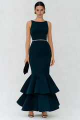 Elegant Navy Boat Neck Long Mermaid Prom Dress With Ruffles