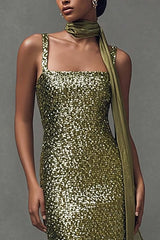 Elegant Olive Sheath Sequin Scarf Neck Long Holiday Party Dress