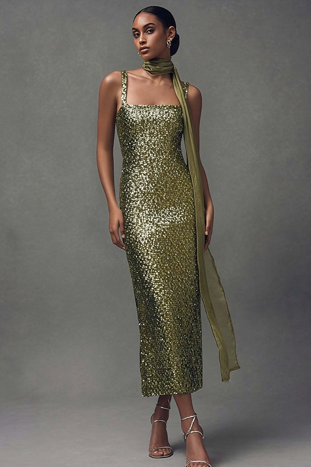 Elegant Olive Sheath Sequin Scarf Neck Long Holiday Party Dress