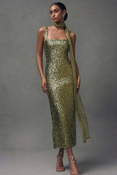 Elegant Olive Sheath Sequin Scarf Neck Long Holiday Party Dress