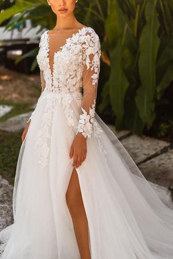 Elegant Princess Long Sleeve Lace Wedding Dress