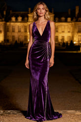 Elegant Purple Mermaid V-Neck Backless Long Velvet Holiday Party Dress With Beading