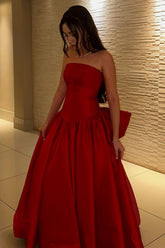 Elegant Red Strapless Ball Gown Prom Dress With Statement Bow Back Formal Evening Gown