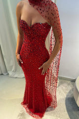 Elegant Red Sweetheart Beaded Fitted Mermaid Prom Dress With Scarf Formal Evening Gown