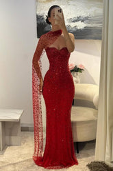 Elegant Red Sweetheart Beaded Fitted Mermaid Prom Dress With Scarf Formal Evening Gown