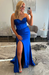 Elegant Royal Blue Prom Dress Satin Corset Formal Dress With Slit