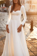 Elegant Satin Beach Wedding Dresses with A-Line Sweetheart and Long Sleeves