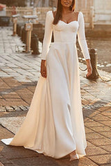 Elegant Satin Beach Wedding Dresses with A-Line Sweetheart and Long Sleeves