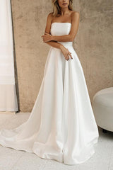 Elegant Satin Wedding Dresses with A-Line Silhouette Strapless Design Sleeveless Style and Sweep Train