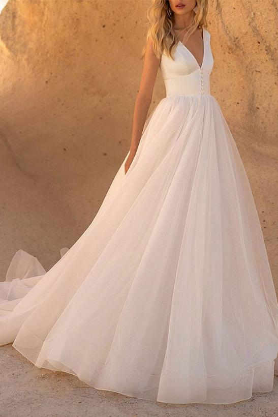 Elegant Satin/Tulle Beach Wedding Dresses with A-Line V-Neck and Sleeveless Design Court Train