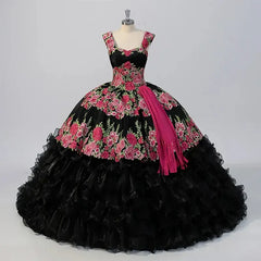 Elegant Scoop Black Quinceanera Dress Party Dress Lace Up Flower Girl Sweet 16 Gown Ball Gown Dress