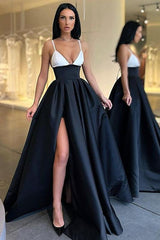 Elegant Spaghetti Straps Black And White Prom Dress Long With Slit