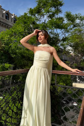 Elegant Strapless A-Line Chiffon Long Prom Dress With Scarf Detail Formal Evening Gown