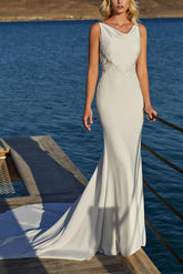 Elegant Trumpet Mermaid Cowl Neck Lace Elastic Satin Beach Wedding Dresses