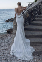 Elegant Trumpet Mermaid V-Neck Jersey Wedding Dresses With Appliques Lace