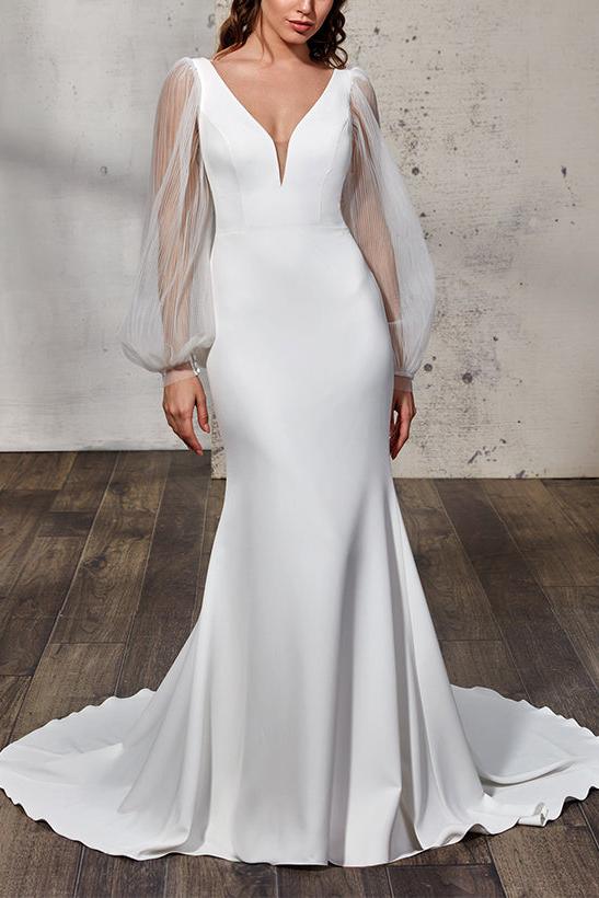 Elegant Trumpet Mermaid V-Neck Long Sleeves Wedding Gowns