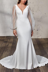 Elegant Trumpet Mermaid V-Neck Long Sleeves Wedding Gowns