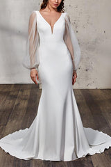 Elegant Trumpet Mermaid V-Neck Long Sleeves Wedding Gowns