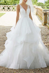Elegant Tulle Cascading Ruffles V-neck Wedding Dresses