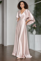 Elegant V-Neck A-Line Princess Floor-Length Mother of the Bride Dress with Short Cape Sleeves and Ruffle