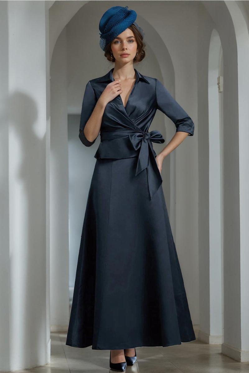 Elegant V-Neck Satin A-Line Mother of the Bride Ankle-Length Dress